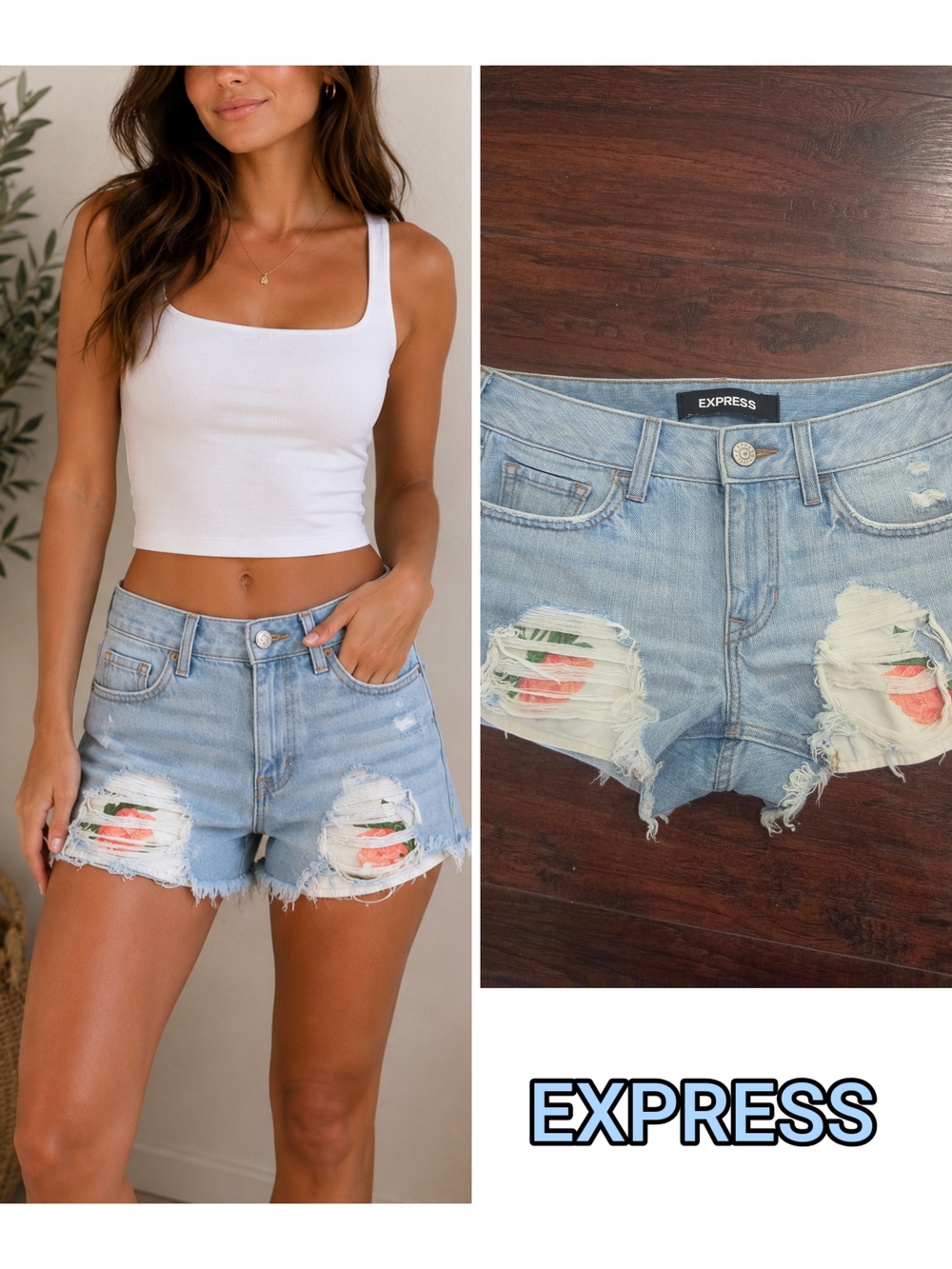 Express Light Wash Distressed Denim Shorts - Peach Patch Detail